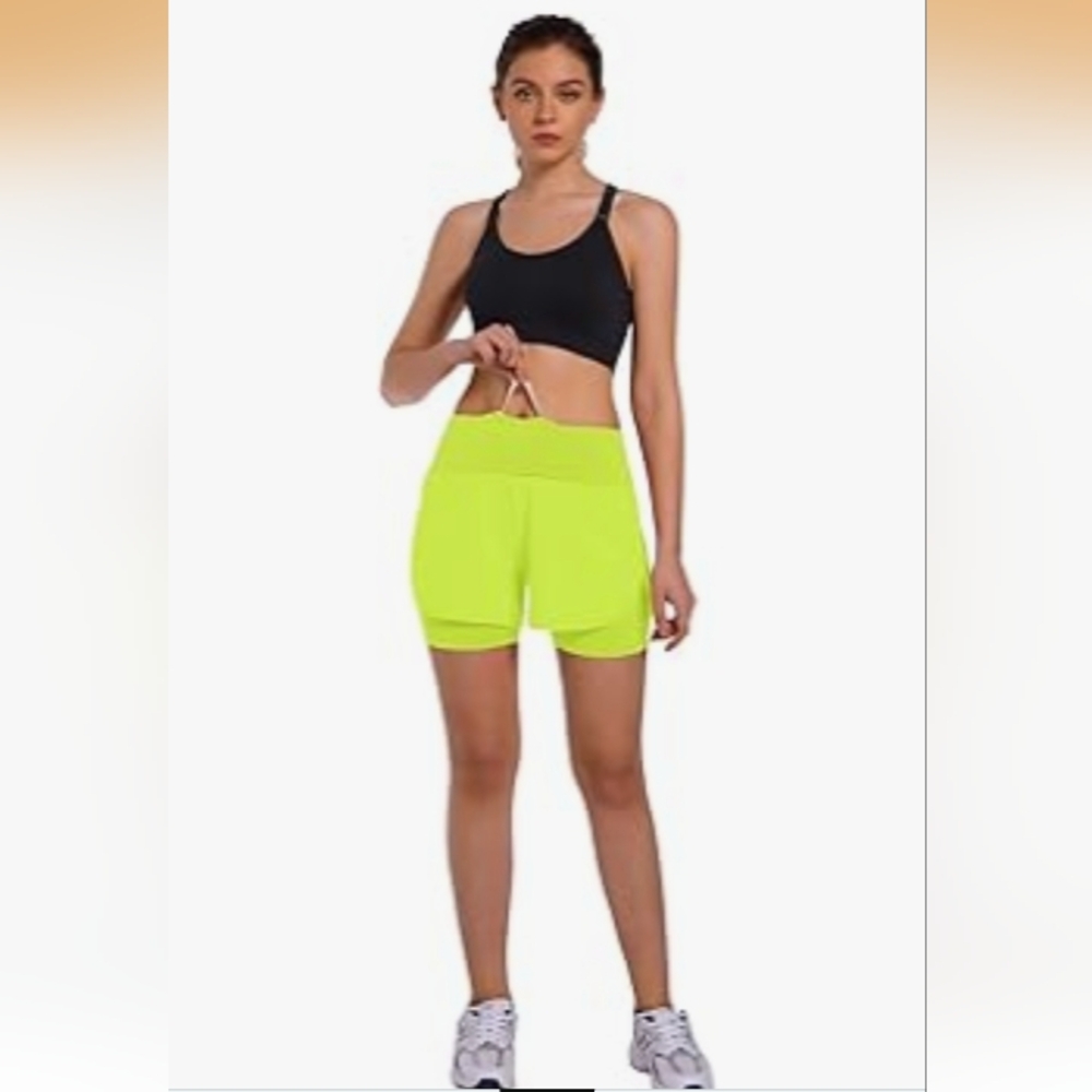 2 in 1 Running Shorts Lightweight Athletic Workout Gym Yoga Lined Green Sz M - Picture 3 of 9